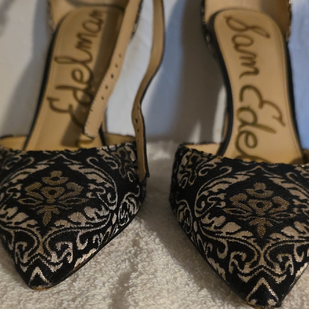 Sam Edelman Black and Gold Brocade Pointed Toe Slingback Pumps